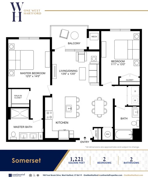 Floor plan for 2 beds, 2 baths, 1221 sqft